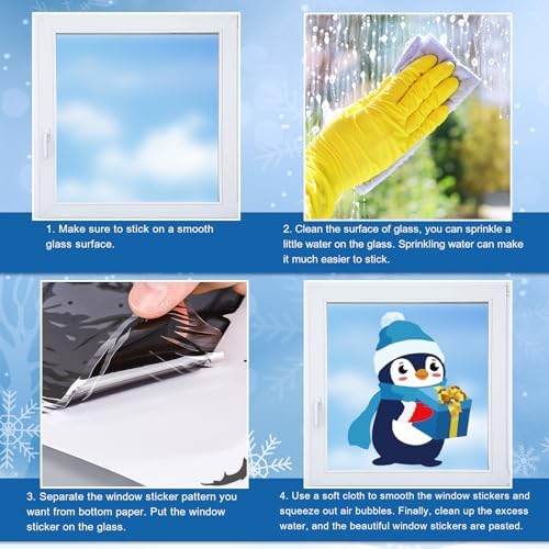 Whaline 9 Sheets Hello Winter Window Cling Stickers Blue Cartoon Penguin Snowman Bear Reusable Window Decals for Christmas Xmas Party Home Office Classroom Decoration