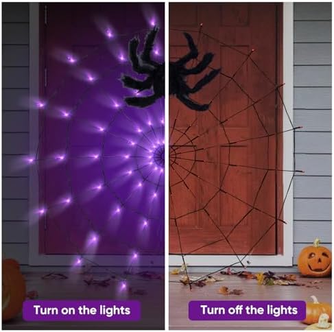 LCHUANG Halloween Decorations Spider Web Lights - 2 Pcs Light Up Spider Web, 4FT Diameter 70 LED with Black Spider, Waterproof, Remote Control, 8 Modes Cobweb Halloween Decorations (Purple+Orange)