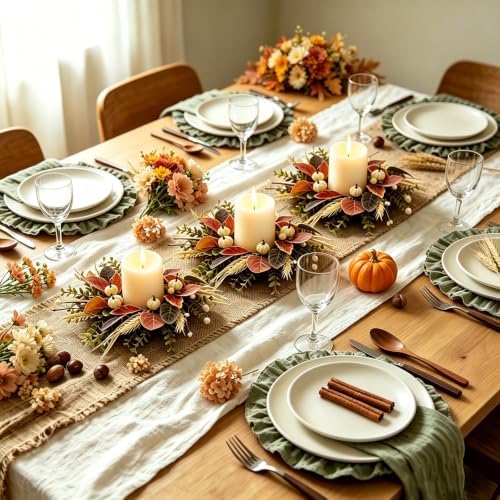4 Pcs Fall Candle Rings 12 Inch Thanksgiving Autumn Pumpkins Wreaths