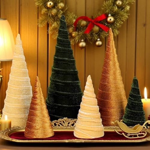 6 Pcs 12" 10" 6" Christmas Cone Tree Decorations Christmas Neutral Velvet Table Centerpieces Decor Flocked Farmhouse Tiered Tray Ornament Xmas Tree for Home Entryway Tabletop Centerpiece Decor