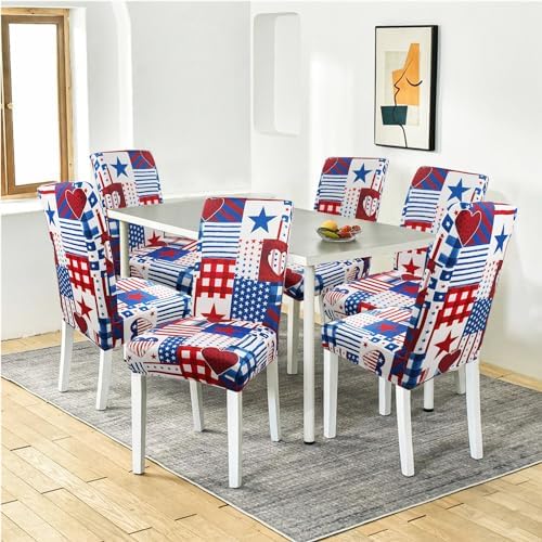 Dining Room Independence Day Chair Covers Set of 6,4th of July Plaid Stitching Dining Chair Cover,Elastic Removable and Washable Dining Chair Cover,Suitable for 4th of July Kitchen Dining Room Decor