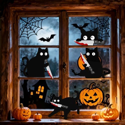 Kercan Halloween Black Cat Decor, 4 Pack Wooden Spooky Cat Wall Decorations, Funny Creepy Halloween Wall Door Window Decor for Home, Party and Haunted House