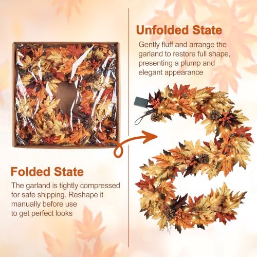 6FT Fall Garland with 30 Warm Lights & Timer & Gradient Maple Leaves