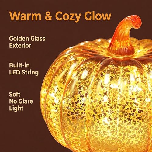 Fall Decorations for Home,Mercury Glass Pumpkin Lights with Timer(Gold)