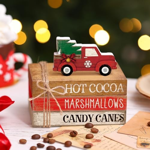 4 Pcs Christmas Tiered Tray Decor Red Truck Wooden Book Signs