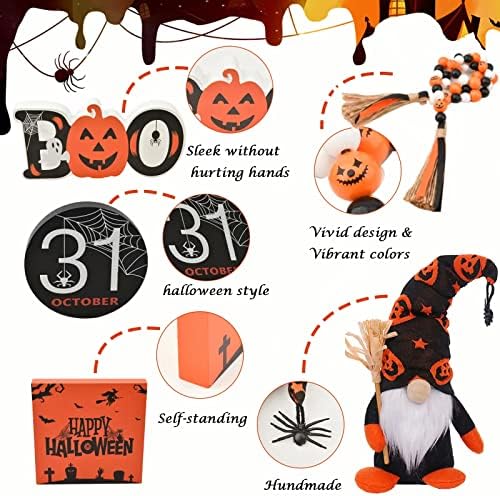 Halloween Tiered Tray Decor Indoor Decorations - Boo Wooden Sign Cute Gnomes Plush and Bead Garland - Farmhouse Rustic Tray Decor Set for Home Table Desk Room