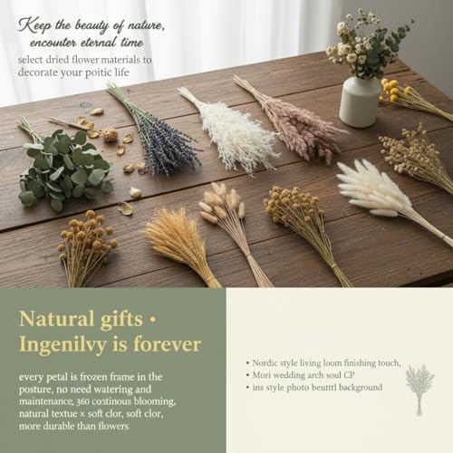 500PCS Dried Pampas Grass Bouquet – Boho Dried Flowers for Vase, White & Brown Pampas, Bunny Tails, Eucalyptus, Wheat & Lavender – Natural Floral Decor for Home, Wedding, Baby Shower &Photoshoot Props