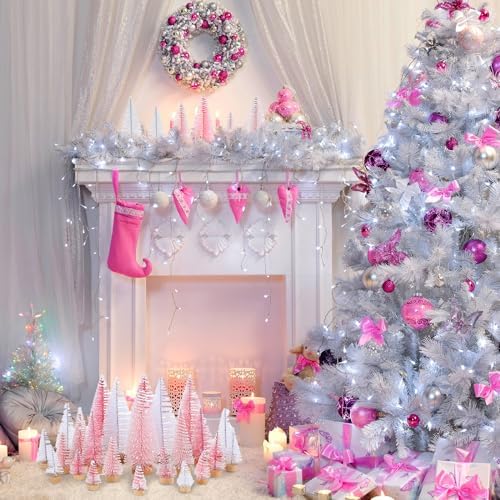 Leyndo 24 Pcs Pink White Artificial Mini Christmas Tree with Wood Base