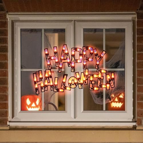 LAMPHOME 16'' Decorations Window Silhouette, Light Up Window Lights, Lighted Happy Halloween for Party Home Tabletop Ornaments