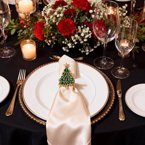 Christmas Tree Napkin Rings Set of 4, Gold Alloy Napkin Holders with Star Topper, Green Enamel Holiday Napkin Rings for Christmas Table Decor, Dinner Party Table Setting Accessories