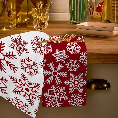 JOOCAR Christmas Snowflake Kitchen Towels Dish Towels Set of 2, 16x27 Inch Seasonal Soft Drying Dishcloth, Red and White Decoration Hand Towels
