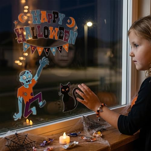 Halloween Window Clings Decorations Indoor, Reusable Static Stickers Decals for Glass Door Home Kids Party Decor