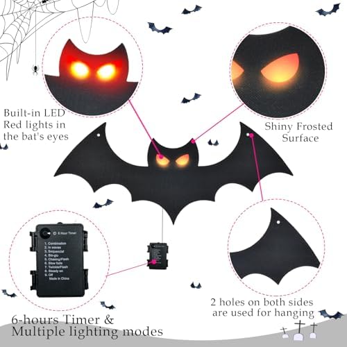 Lighted Halloween Hanging Bats, 12 Pack Halloween Decorations Outdoor Scary Large Black Hanging Flying Bat with LED Lights Spooky Glow Eyes Waterproof for Bedroom Window Wall Decor Indoor Clearance