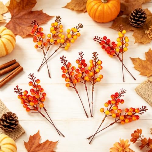 24 Pack Fall Berry Stems 7.5" Orange Berry Picks
