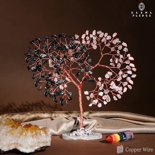 Handmade Healing Crystal Tree of Life Black Obsidian & Rose Quartz Chakra Tree for Money, Good Luck, Feng Shui Home