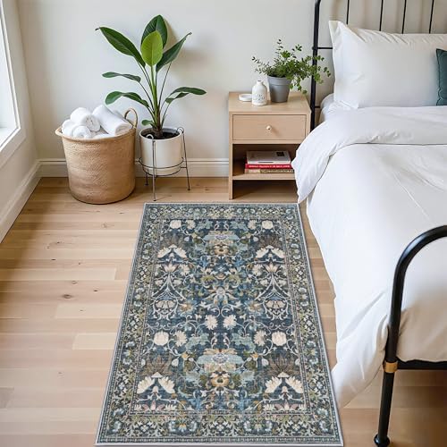 4x6 Living Room Area Rugs: Washable Boho Bedside Rugs Non Slip Low Pile Floral Small Carpet for Kitchen Bedroom