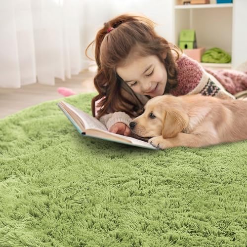 OLANLY Grass Green Round Rugs for Bedroom - Machine Washable, 9 ft Circle Area Rugs for Living Room, Soft and Fluffy