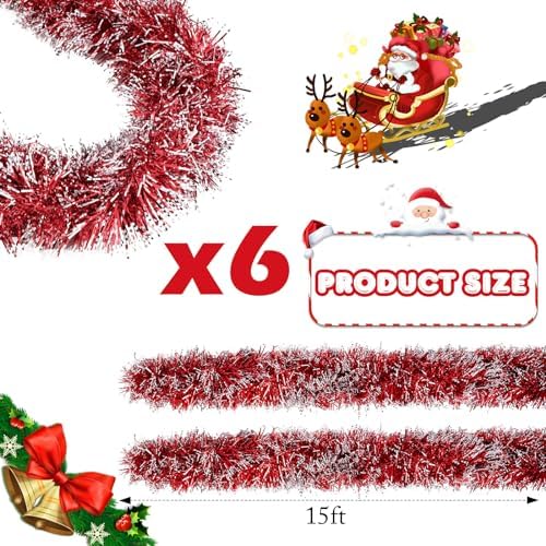 Shappy 90 ft 6 Rolls Christmas Tinsel Garland for Tree, Red Frosted Tip