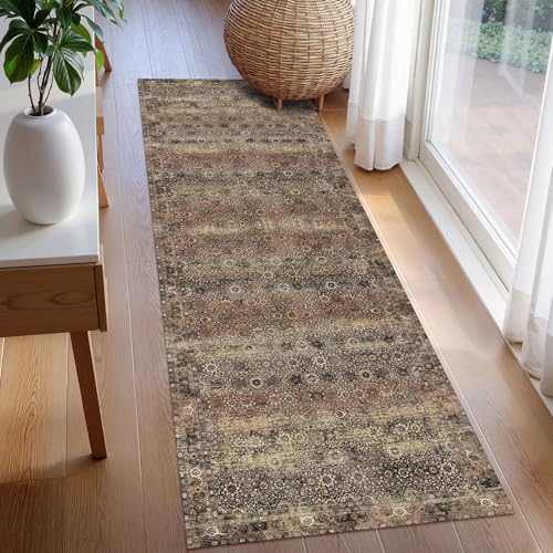 Washable Area Rug 2'6'' x 8' Vintage Traditional Persian Mat - Foldable Distressed Non-Slip Machine Washable Carpet for