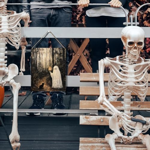 Cute Halloween Decorations Indoor: Funny Spooky Wooden Hanging Sign - Ghost Black Cat in Forest Door Sign Farmhouse Home Room Decor