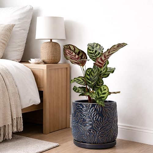 D'vine Dev Embossed Leaves Ceramic Planter, 8 in, Midnight Blue, 27-A-Q-3