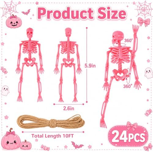 24 Pcs Pink Halloween Mini Skeleton, 6" Posable Skeleton Hanging Decor