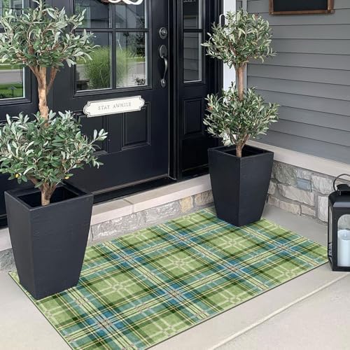 Front Door Mat Indoor Entrance - 2x4.3 Green Teal Tartan Plaid Rug