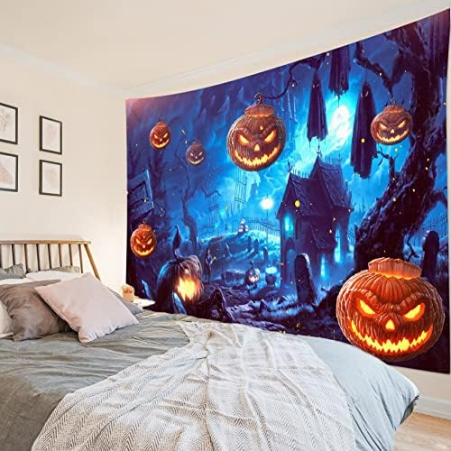 HVEST Halloween Tapestry Terror Pumpkin Jack-O-Lantern Wall Decor Night Spooky Jungle Tapestry Hunted House Picture Wall Art for Bedroom Home Dorm Halloween Decor 60Wx40H inches