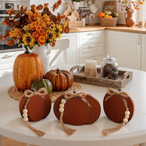 Cinnvoice 3 Pcs Fall Pumpkin Decor, Brown Wooden Tabletop Signs, 4.7 in