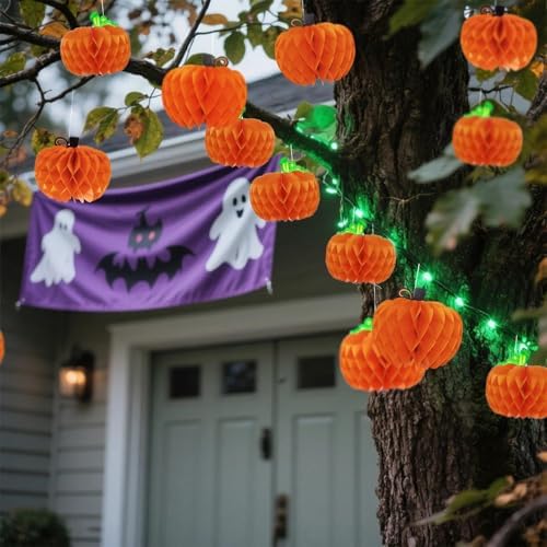 12 Pcs 10 Inch Hanging Pumpkin Shaped Honeycomb Centerpiece with String, Large Autumn Tissue Ball Table Decoration for Halloween Thanksgiving Party Supplies