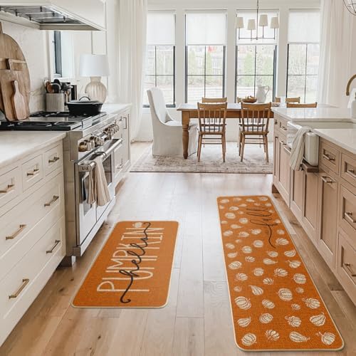 Artoid Mode Orange Hello Pumpkin Fall Kitchen Mats Set of 2-17x29+17x59