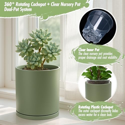 D'vine Dev Double-Layer Self-Draining Planter Set – Rotating Plastic Outer Pot with Clear Inner Liner for Root Health, Perfect for Indoor Plants, 6.5", Set of 2, Olive, 73-V-C-2