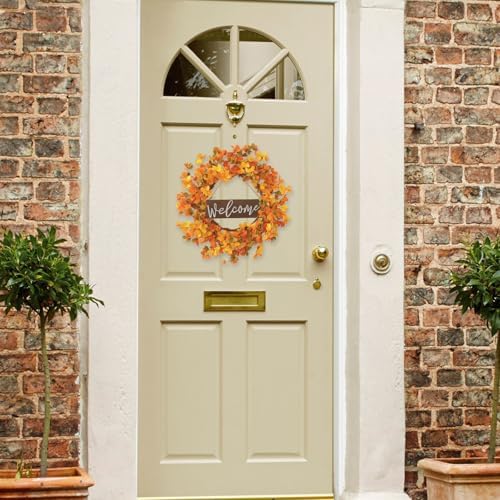 VioletEverGarden Fall Wreaths for Front Door 20 Inch Autumn Wreath Artificial Thanksgiving Wreath with Welcome Wooden Brand and Pumpkins for Indoor & Outdoor Farmhouse Harvest Celebration