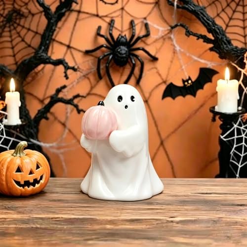 Halloween Ghost Figurine with Holding Pink Pumpkin Ghost Statue