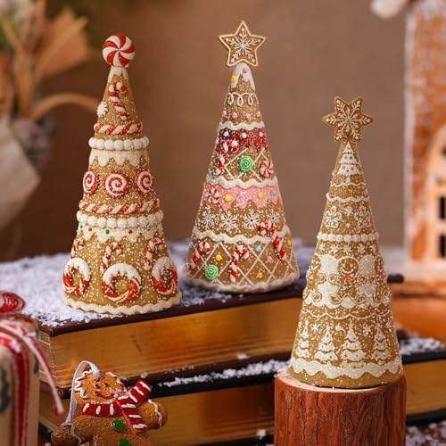 Simgoing 3 Packs Gingerbread Christmas Tree Figurines Resin Tabletop Decor