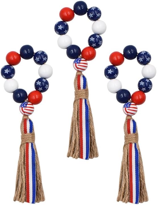 Patriotic Napkin Rings Set of 6,Wood Bead Napkin Holder Ring with Rope Tassel Farmhouse Wooden Beads Garland Wall Hanging Decor for Independence Day(Patriotic Napkin Rings)