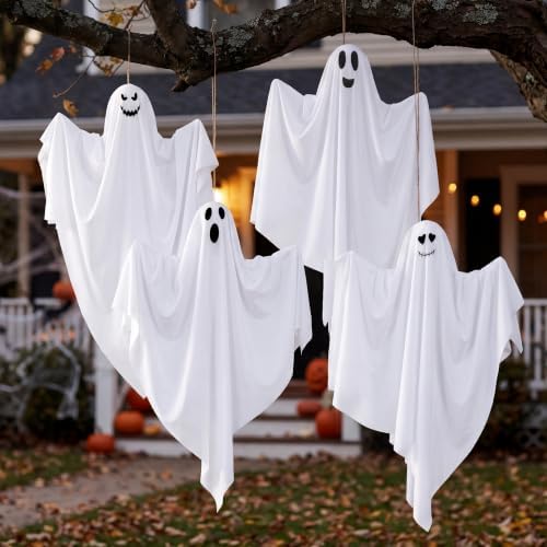 JOYIN 4 Pcs Halloween Party Decoration 27.5" Hanging Ghosts, Cute Flying Ghost for Front Yard Halloween Decorations Outdoor Party Décor and Holiday Decoration
