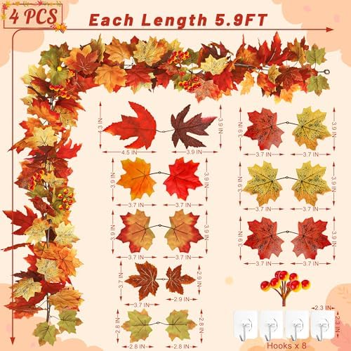 4Pack 23.6FT Red Fall Garland with Berries Maple Leaves for Autumn Decor