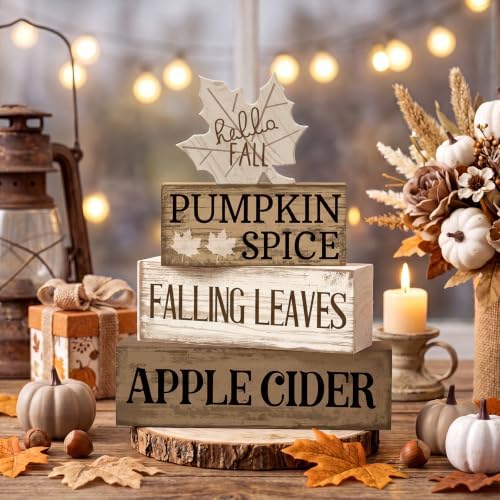 Moucuny 4 Pcs Neutral Fall Table Decor for Home Maple Leaf Wooden Blocks