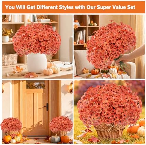 Powbrace 22 Pack Artificial Fall Flowers Mums for Outdoor Indoor(Orange)
