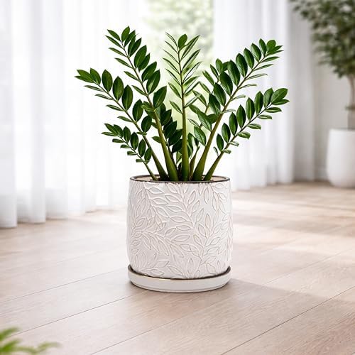 D'vine Dev Embossed Leaves Ceramic Planter, 10 in, Smoked White, 27-A-P-1