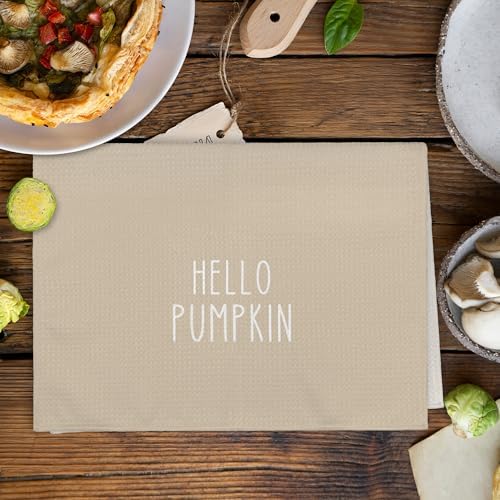 Fall Hello Pumpkin Kitchen Towels and Dishcloths Sets of 2, Fall Beige White Pumpkin Decor Decorations Dish Hand Tea Towels Gifts for Bathroom Kitchen, Autumn Aesthetic Fall Decor, 16x24 Inch