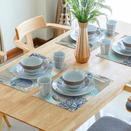 Nautical Coastal Placemats Set of 4 18x12 Inch Summer Beach Themed Linen Place Mats Heat-Resistant Washable Wipeable Beachy Seashell Table Mat for Party Kitchen Dining Room Dinner Table Decor