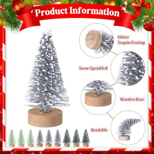 Sumind 48 Pcs 1.78 Inch Mini Bottle Brush Christmas Trees Green Silver
