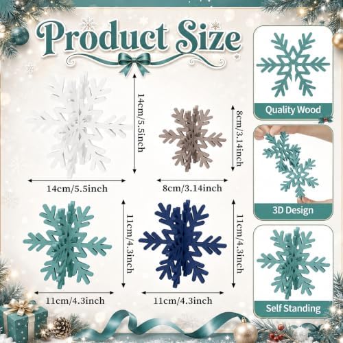 Bucherry 12 Pcs Wooden Snowflakes Table Decor,White, Blue, Green, Gray