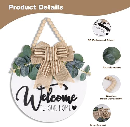 CondorPasea 3D Welcome Door Sign - 12" Round Solid Wooden Hanging Sign with Artificial Leaves & Rustic Beads, All