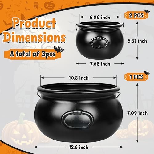 3 PCS Halloween Cauldron, Black Plastic Witch Cauldron Pots for Party Decor
