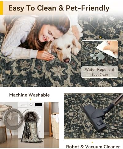 RELEANY Washable Area Rug, 3'x5', Black/Vintage/Beige