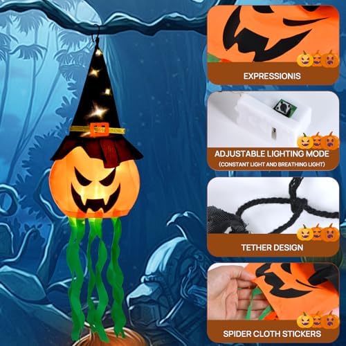 4 PCS Hanging Lighted Glowing Pumpkin Witch Hat with 3 Modes Lighted Up