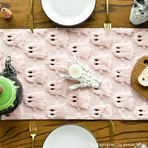 Artoid Mode Pink Soft Faux Fur Ghost Halloween Table Runner 13x72 Inch